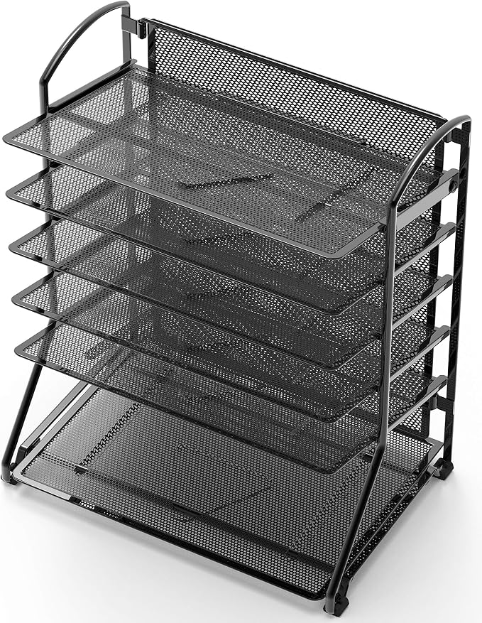 Simple Houseware 6-Tier Desk Organizer & Sliding Paper Tray - Space-Saving Desktop File Holder for Letter & Document Sorting, Black, 2-Pack