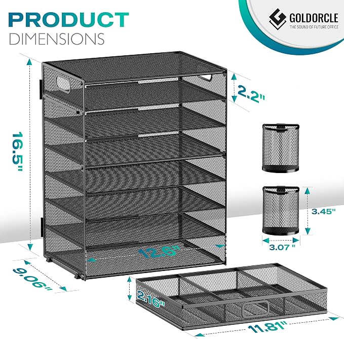8 Tier Paper Letter Tray Organizer with Handles, Mesh Desk File Holder Storage Organization for Home School Classroom & Office (Black-with Drawer,Pen Holders)