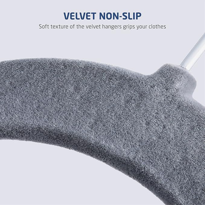 Zober Velvet Hangers with Clips - Pack of 20 Metal Clip Hangers for Pants - Notched Gray Velvet Skirt Hangers for Pants, Skirts, Suits, Dresses & Shirts w/ 360 Degree Hook - Non Slip Felt Hangers