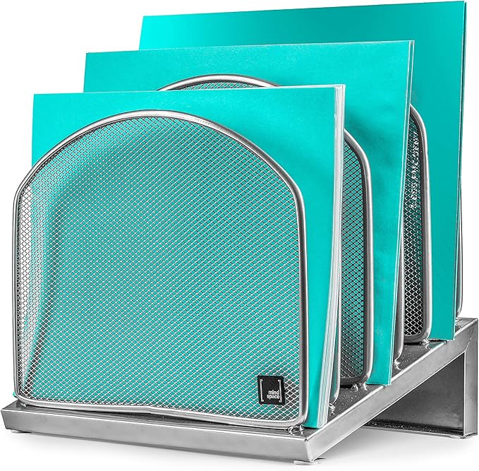 Mindspace Desk Organizer Inclined File Sorter, Office Desktop Document sorter with 5 upright sections | File Folder and Letter Organizer | The Mesh Collection, Silver