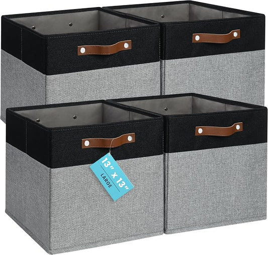 OrganiHaus 13x13 Cube Storage Bins, Set of 4 - Fabric Storage Cubes | Sturdy, holds its shape; odor-free; fits IKEA Kallax and Expedit; vegan leather handles