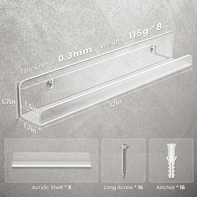 Gotega 8 Pack Vinyl Record Shelf Wall Mount, 12 inch Album Record Holder Display, Clear Acrylic Floating Shelves for Wall, Suitable for Bedroom, Living Room, Magazine Shelf, Kids Bookshelf, etc
