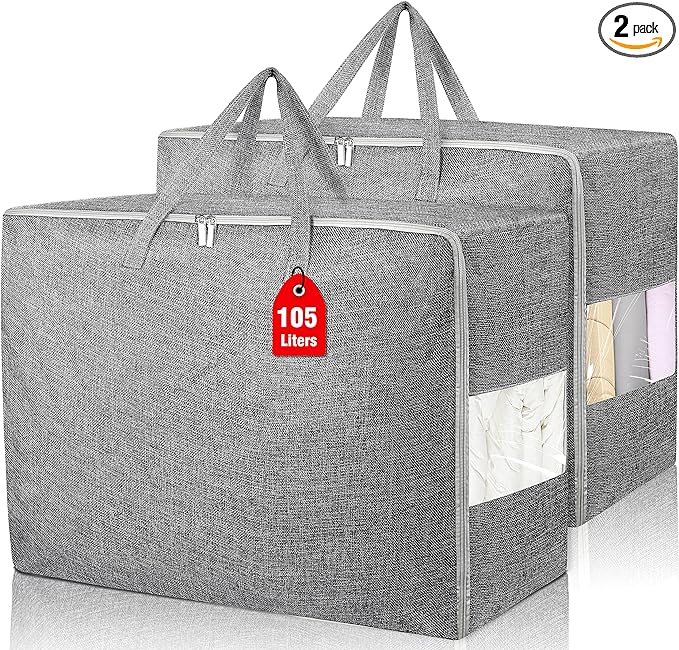 105L Extra Large Storage Bags, Folding Moving Comforter Blanket Storage Bags Closet Organizers and Storage Containers for Clothes with Strong Handles&Zippers Clear Window for Bedding Pillow Grey 2Pack