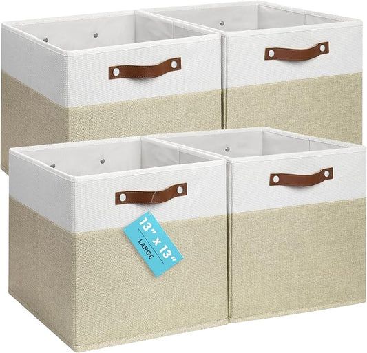 OrganiHaus 13x13 Cube Storage Bins, Set of 4 - Fabric Storage Cubes | Sturdy, holds its shape; odor-free; fits IKEA Kallax and Expedit; vegan leather handles