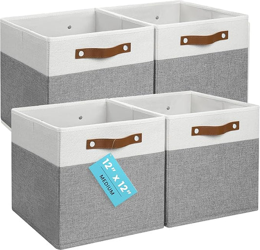 OrganiHaus 12x12 Cube Storage Bins, Set of 4 - Fabric Storage Cubes | Sturdy, holds its shape; odor-free; fits 12-inch cube shelves; vegan leather handles