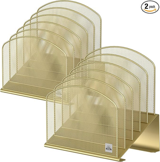 Delifox Inclined Desk File Organizer,Vertical File Folder Holder Stand Metal Rack File Sorter for Office Classroom Desktop Organization (2, Gold, 5)