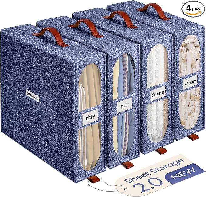4x Bed Sheet Organizer Storage Boxes with Big See-Through Windows - Bedsheet Organizers Redesigned. Robust Bed Sheet Storage -15x13x5 Inches Sheet Organizers Containers (Denim)