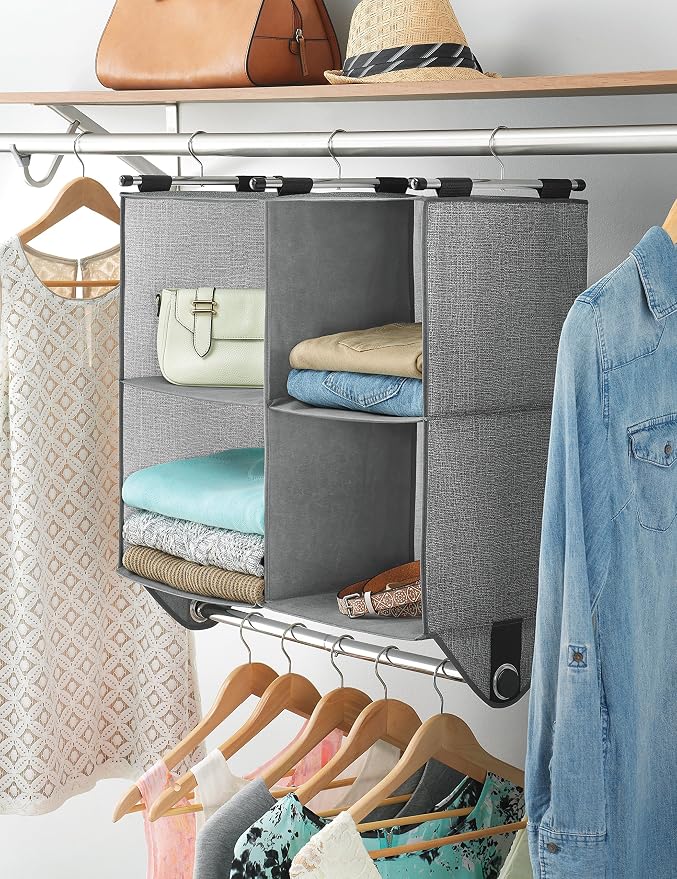 Whitmor 4 Section Fabric Closet Organizer Shelving with Built In Chrome Garment Rod
