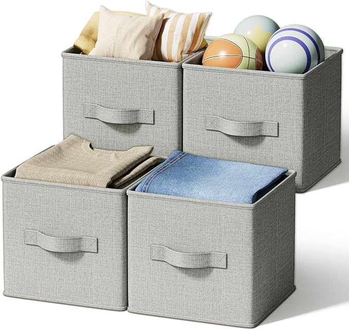 LayerSpace 4 Pack Foldable Fabric Closet Storage Bins, 11Inch Organizer Cubes with Handles, Linen Storage Boxes for Clothes, Toys, Books and Home Organization,Gray
