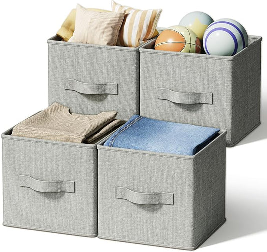 LayerSpace 4 Pack Foldable Fabric Closet Storage Bins, 11Inch Organizer Cubes with Handles, Linen Storage Boxes for Clothes, Toys, Books and Home Organization,Gray