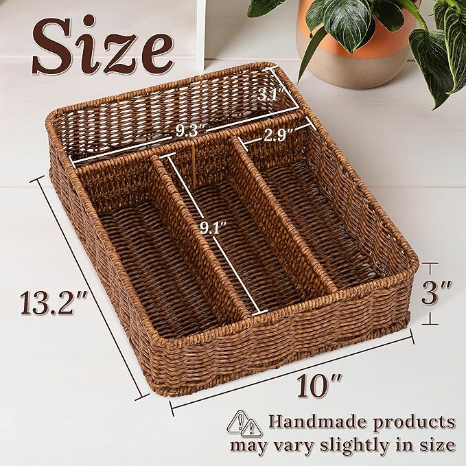 WeeNest Silverware Drawer Organizer, Kitchen Utensil Organizer, Toffee | Silverware Tray for Drawer, Wicker Silverware Organizer, Basket with Dividers, Utensil Holder, Forks Organizer for Drawer