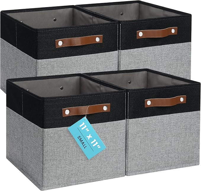 OrganiHaus 11x11 Cube Storage Bins, Set of 4 - Fabric Storage Cubes | Sturdy, holds its shape; odor-free; fits ClosetMaid 11-inch shelves; vegan leather handles
