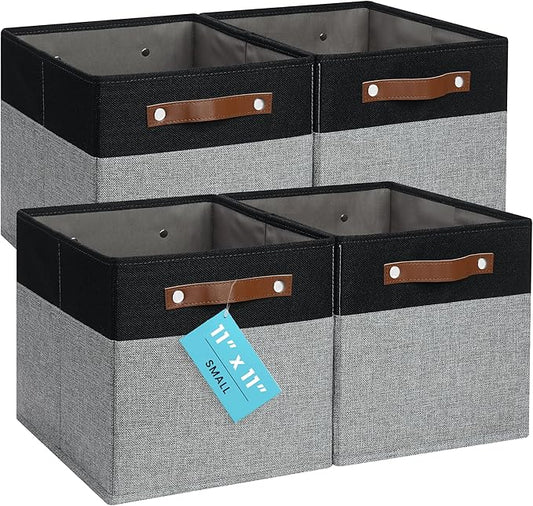 OrganiHaus 11x11 Cube Storage Bins, Set of 4 - Fabric Storage Cubes | Sturdy, holds its shape; odor-free; fits ClosetMaid 11-inch shelves; vegan leather handles