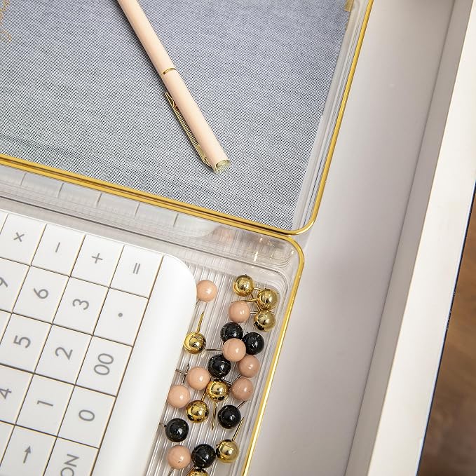 Martha Stewart Kerry Plastic Stackable Office Desk Drawer Organizers, 9" x 6", 3 Pack, with Gold Trim