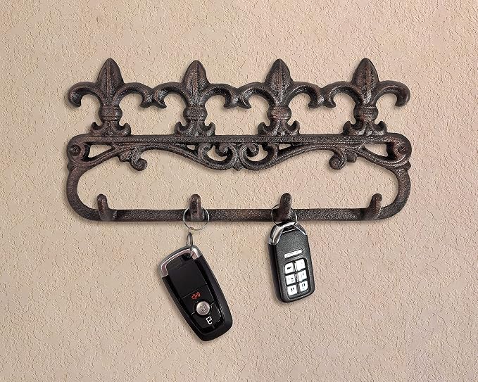 Lulu Decor, Cast Iron Fleur De Lis Key Hook Wall Mount Decorative Hanger Unique, Rustic and Strong (4 Hooks)