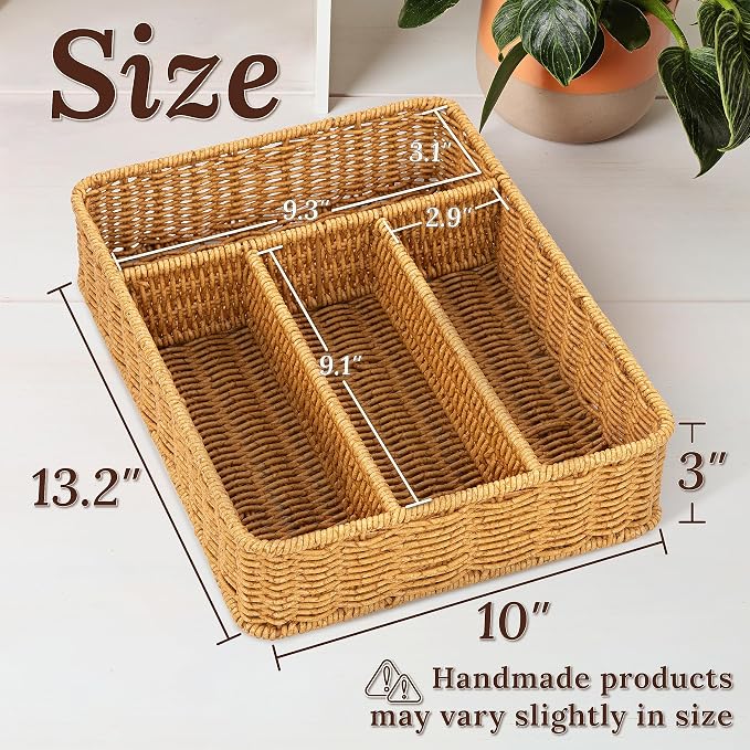 WeeNest Silverware Drawer Organizer, Kitchen Utensil Organizer, Latte | Silverware Tray for Drawer, Wicker Silverware Organizer, Basket with Dividers, Utensil Holder, Forks Organizer for Drawer