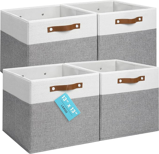 OrganiHaus 13x13 Cube Storage Bins, Set of 4 - Fabric Storage Cubes | Sturdy, holds its shape; odor-free; fits IKEA Kallax and Expedit; vegan leather handles