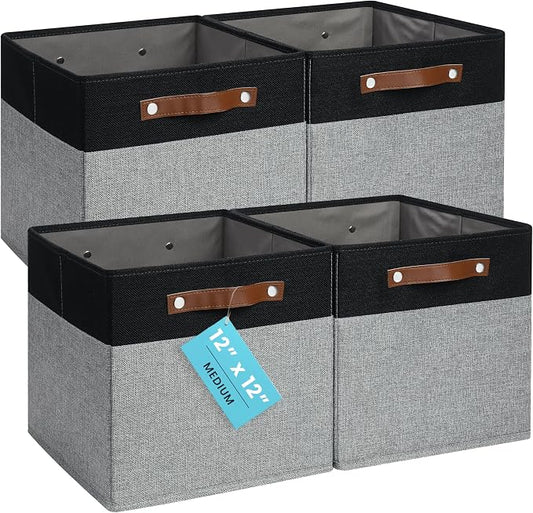 OrganiHaus 12x12 Cube Storage Bins, Set of 4 - Fabric Storage Cubes | Sturdy, holds its shape; odor-free; fits 12-inch cube shelves; vegan leather handles