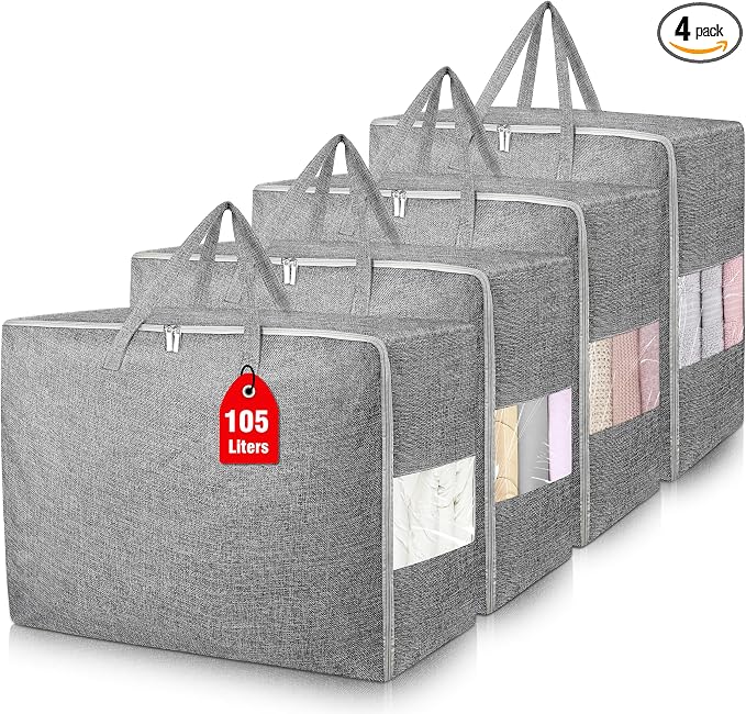 105L Extra Large Storage Bags, Folding Moving Comforter Blanket Storage Bags Closet Organizers and Storage Containers for Clothes with Strong Handles&Zippers Clear Window for Bedding Pillow Grey 4Pack