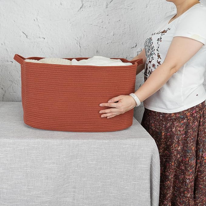 XUANGUO Large Rectangle Blankets Basket Living Room 22"x17"x12" Woven Cotton Rope Storage Baskets for Nursery Toy Baskets for Kids and Dogs Wicker Laundry Basket Bin for Clothes Towels rustic