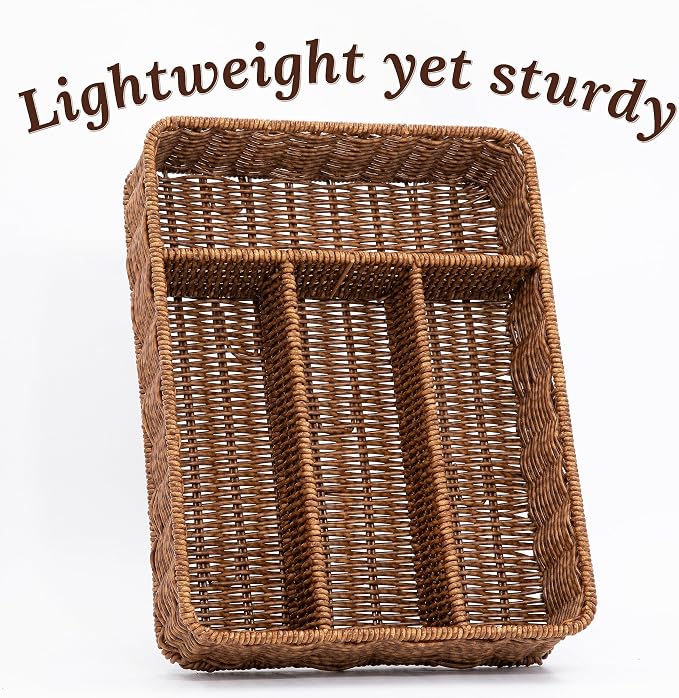 WeeNest Silverware Drawer Organizer, Kitchen Utensil Organizer, Toffee | Silverware Tray for Drawer, Wicker Silverware Organizer, Basket with Dividers, Utensil Holder, Forks Organizer for Drawer
