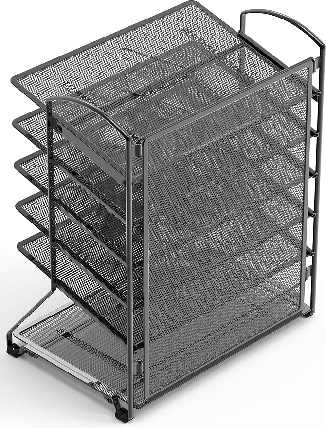 Simple Houseware 6-Tier Desk Organizer & Sliding Paper Tray - Space-Saving Desktop File Holder for Letter & Document Sorting, Black, 2-Pack