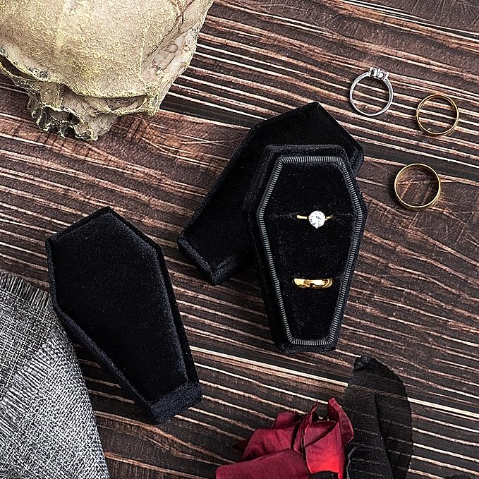Velvet Coffin Ring Box Case Holder for Gothic Wedding Ceremony Jewelry Organizer Decorations (Black)