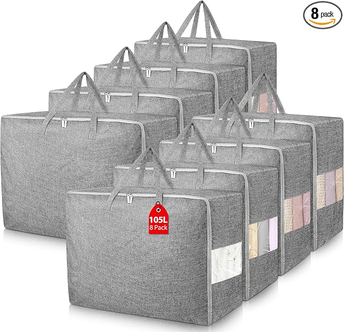 105L Extra Large Storage Bags, Folding Moving Comforter Blanket Storage Bags Closet Organizers and Storage Containers for Clothes with Strong Handles&Zippers Clear Window for Bedding Pillow Grey 8Pack