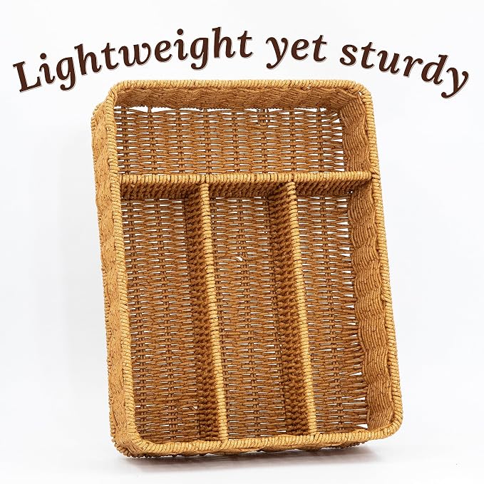 WeeNest Silverware Drawer Organizer, Kitchen Utensil Organizer, Latte | Silverware Tray for Drawer, Wicker Silverware Organizer, Basket with Dividers, Utensil Holder, Forks Organizer for Drawer