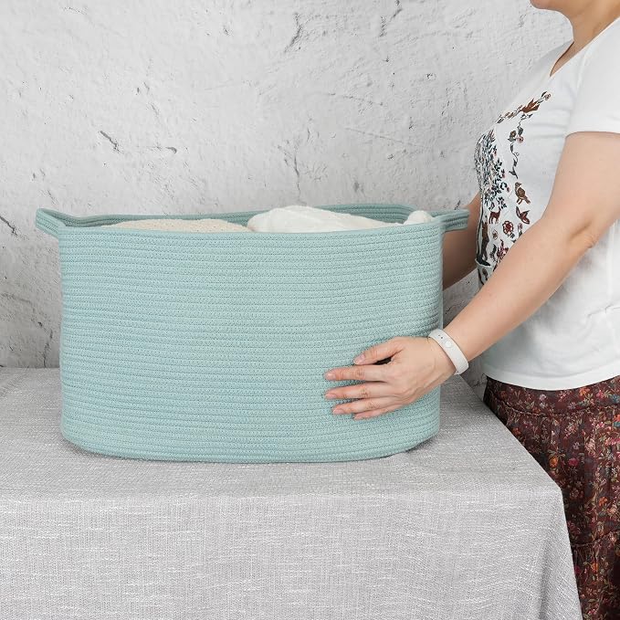 XUANGUO Large Rectangle Blankets Basket Living Room 22"x17"x12" Woven Cotton Rope Storage Baskets for Nursery Toy Baskets for Kids and Dogs Wicker Laundry Basket Bin for Clothes Towels green