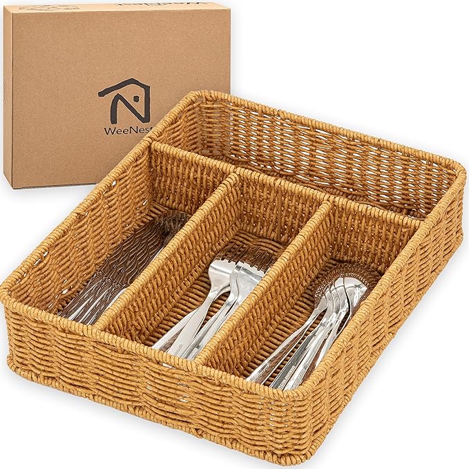 WeeNest Silverware Drawer Organizer, Kitchen Utensil Organizer, Latte | Silverware Tray for Drawer, Wicker Silverware Organizer, Basket with Dividers, Utensil Holder, Forks Organizer for Drawer