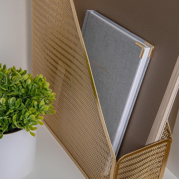 Martha Stewart Ryder Gold Mesh Metal Single Slot Magazine File Holder, Desktop Organizer, 9.75 x 3.75 x 11.5