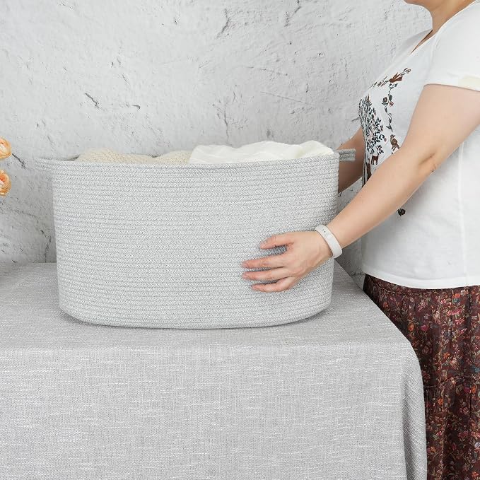 XUANGUO Large Rectangle Blankets Basket Living Room 22"x17"x12" Woven Cotton Rope Storage Baskets for Nursery Toy Baskets for Kids and Dogs Laundry Basket Bin for Clothes Towels grey