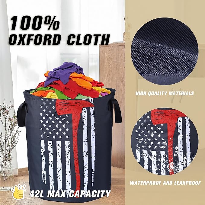 American Flag Red Line Ax Laundry Basket Firemen Foldable Oxford Cloth Funny Tote Bag Laundry Hamper Clothes Storage Bucket Organizer For Bathroom/Laundry Storage /Bedroom18.9x16.5 Inch