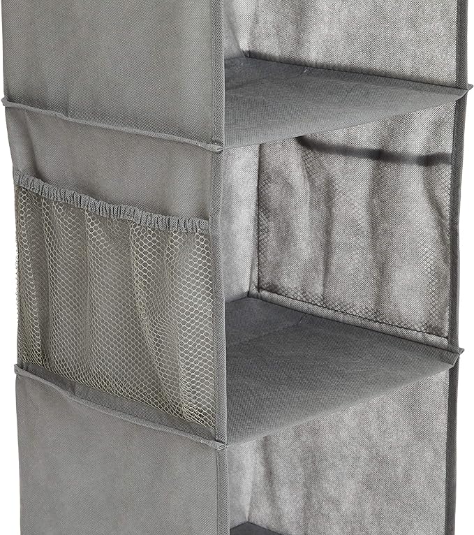 Amazon Basics 6-Tier Hanging Closet Shelf Organizer with Pockets, Clothes Storage for Sweaters and Clothing,8" Dx12 W x 9" L x 8.5" H, Grey (Pack of 10)