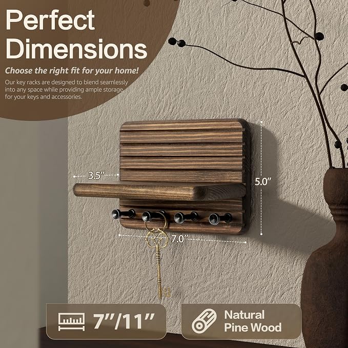 Rebee Vision Small Farmhouse Key Holder Wall Mount for Home Decor – Mini 7-inch Wooden Key Holder for Wall with 4 Hooks & Floating Shelf - Apartment Essentials for a Tidy & Trendy House (Brown)