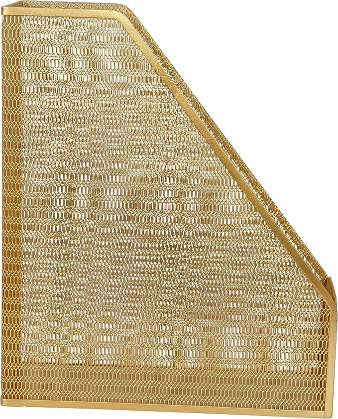 Martha Stewart Ryder Gold Mesh Metal Single Slot Magazine File Holder, Desktop Organizer, 9.75 x 3.75 x 11.5