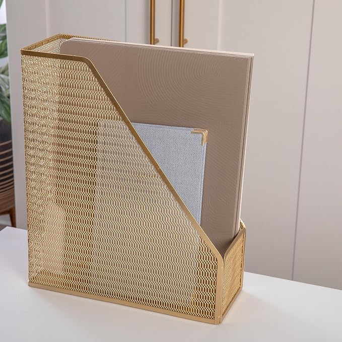 Martha Stewart Ryder Gold Mesh Metal Single Slot Magazine File Holder, Desktop Organizer, 9.75 x 3.75 x 11.5