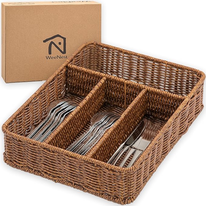 WeeNest Silverware Drawer Organizer, Kitchen Utensil Organizer, Toffee | Silverware Tray for Drawer, Wicker Silverware Organizer, Basket with Dividers, Utensil Holder, Forks Organizer for Drawer
