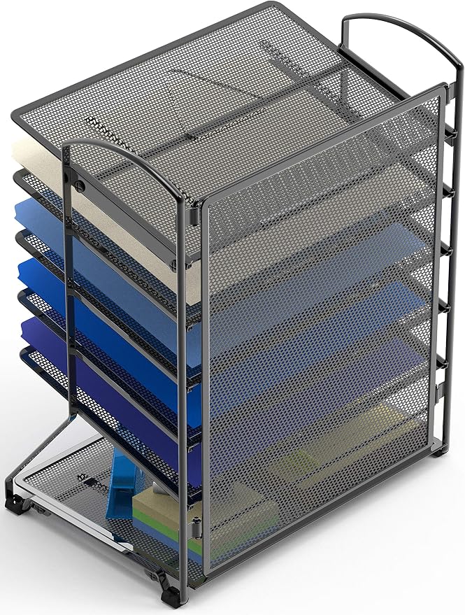Simple Houseware 6-Tier Desk Organizer & Sliding Paper Tray - Space-Saving Desktop File Holder for Letter & Document Sorting, Black, 2-Pack