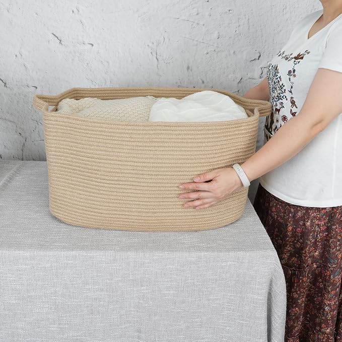 XUANGUO Large Rectangle Blankets Basket Living Room 22"x17"x12" Woven Jute Rope Storage Baskets for Nursery Toy Baskets for Kids and Dogs Wicker Laundry Basket Bin for Clothes Towels