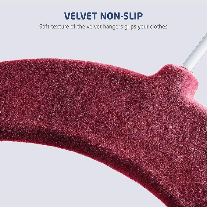 Zober Velvet Hangers with Clips - 20 Piece Set for Pants, Skirts, Suits, Dresses & Shirts - Notched Burgundy Velvet, Non Slip Felt, 360 Degree Hook