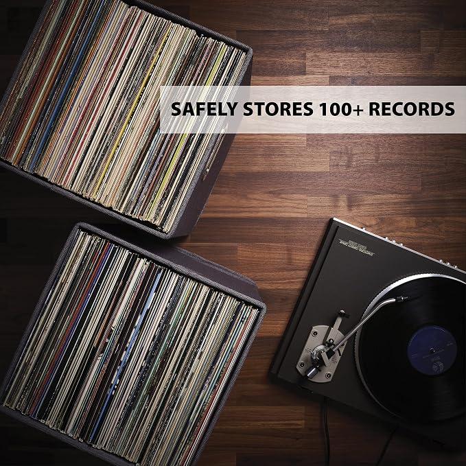 ZICOTO Decorative Vinyl Record Storage Box for 50+ Single Records - Sturdy and Easy to Carry LP Holder with Lid - The Perfect Storage Crate for Your Valuable Album Collection