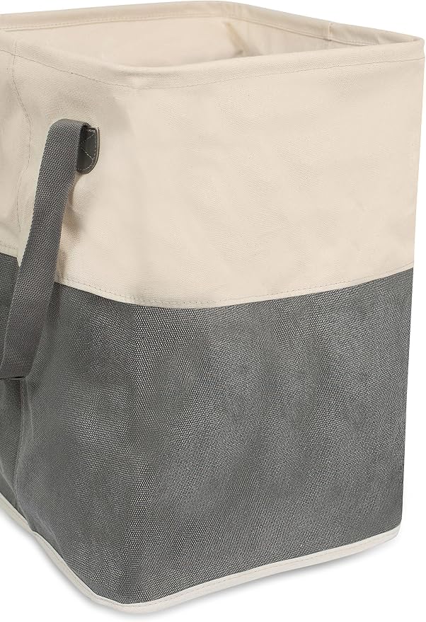 BirdRock Home Square Cloth Laundry Hamper with Handles - Dirty Clothes Sorter - Easy Storage - Foldable - Grey and White Canvas