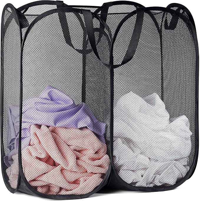 Double Laundry Hamper, Pop Up Mesh 2 Section - Handy Laundry Collapsible Divided Hamper, Large 44 Gallon Foldable Basket with Reinforced Handles for College Dorm, Travel, Home, Black